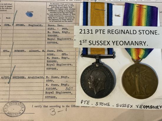 Gradia Militaria - WW1 Pair; 2131 Pte Reginald STONE, 1st Sussex Yeomanry