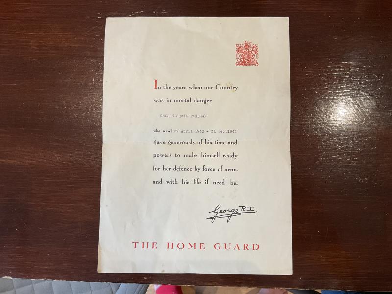Gradia Militaria - WW2 Home Guard certificate of service to George Cecil POHLMAN