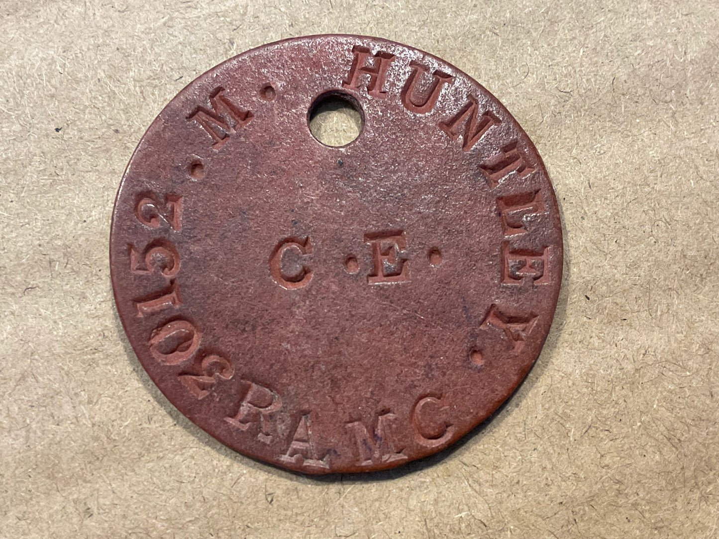 WW1 Dog tag; Sgt Maynard HUNTLEY R.A.M.C served France.
