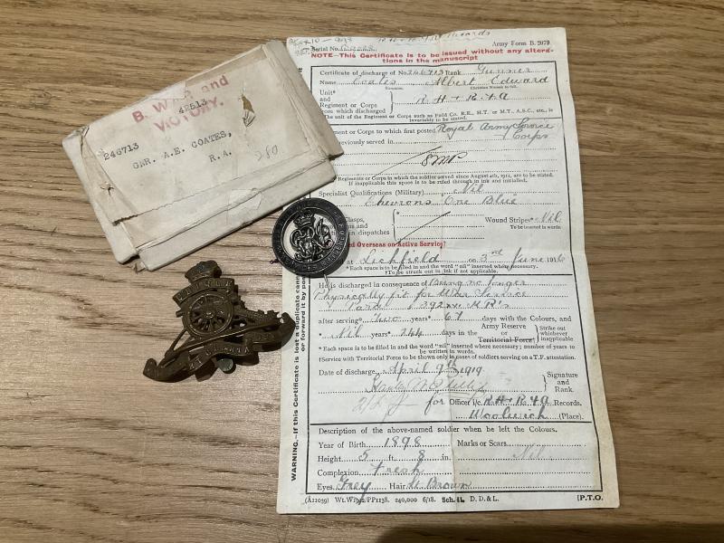 WW1 S.W.B, discharge Certificate etc ; Gunner COATES R.F.A