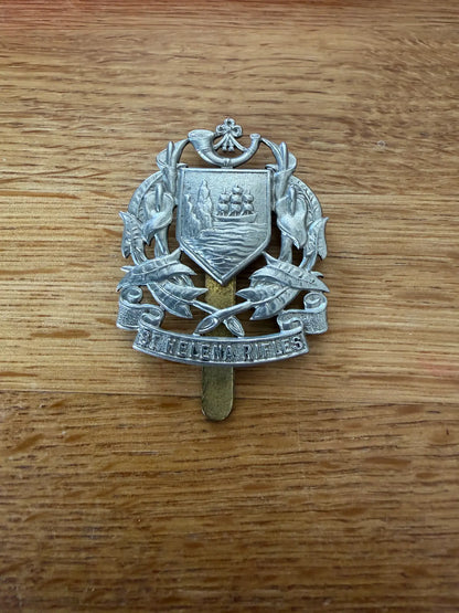 St Helena Rifles white metal cap badge, reverse showing slider fitting