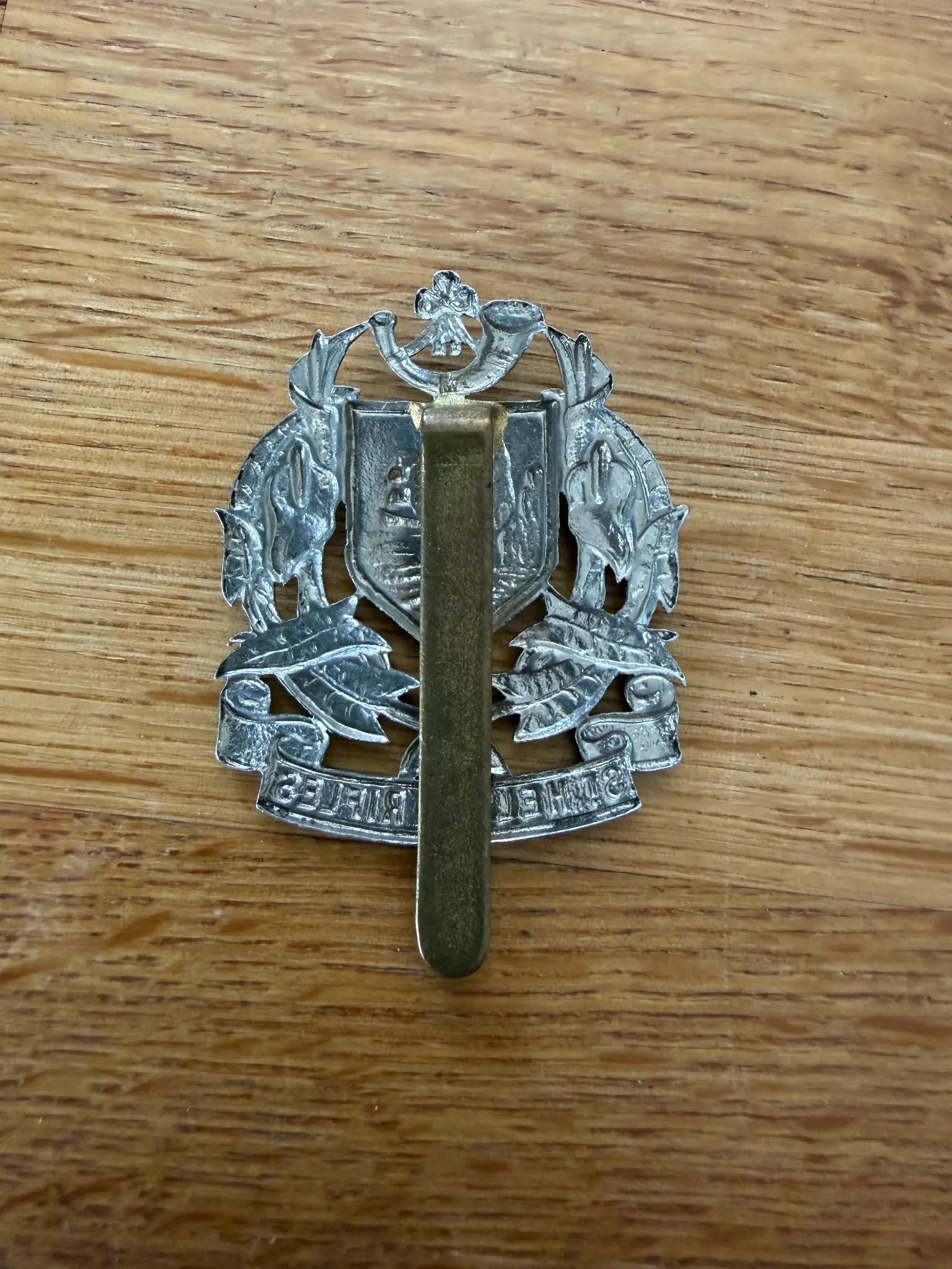 St Helena Rifles white metal cap badge, front — WWII period Commonwealth colonial infantry insignia