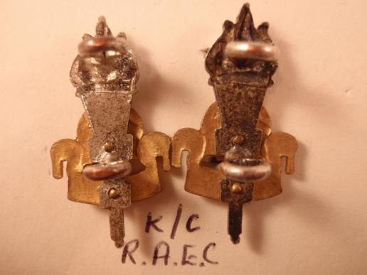 K/C R.A.E.C Officers Silvered/Gilt Collar Badges