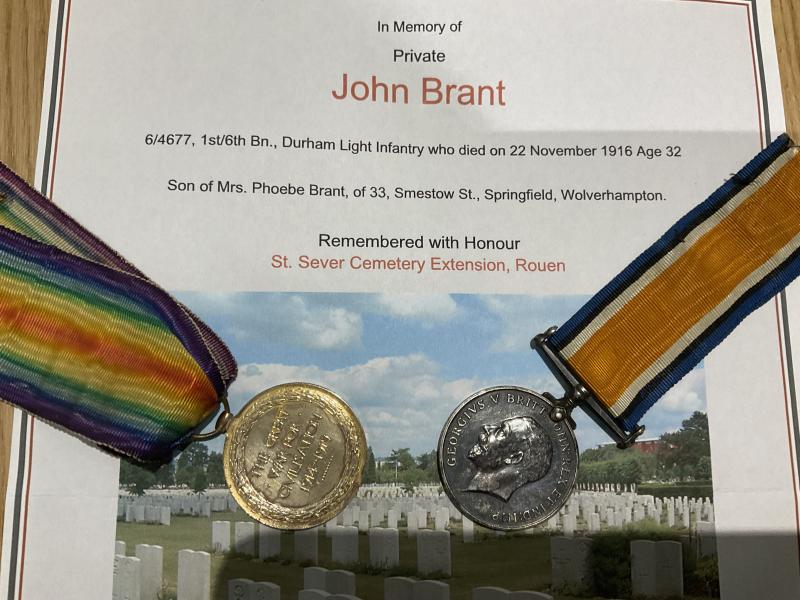 WW1 Casualty pair; J. BRANT 1th/6th Bn, D.L.I