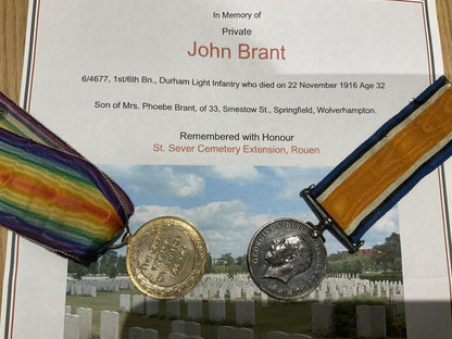 WW1 Casualty pair; J. BRANT 1th/6th Bn, D.L.I