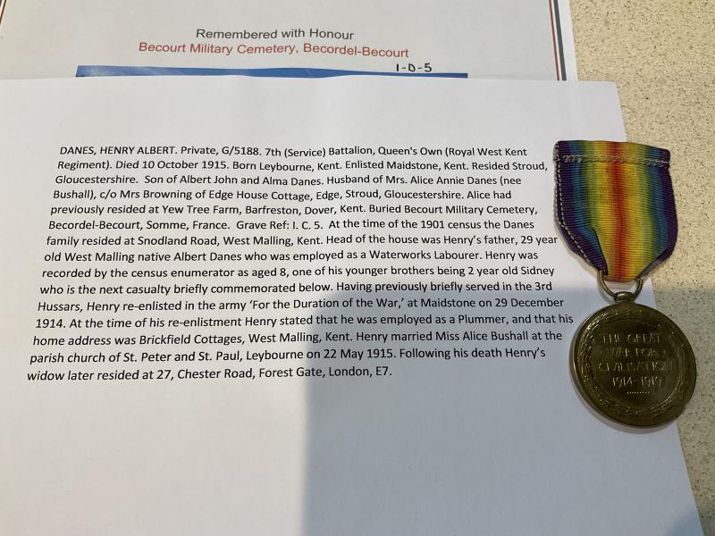 K.I.A 10/10/15 Victory medal Pte DANES 7th BN R.W.K.R