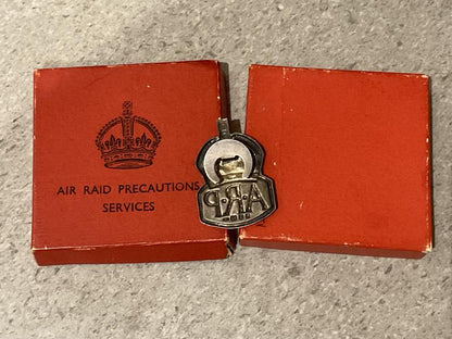 WW2 Silver A.R.P badge in original box of issue
