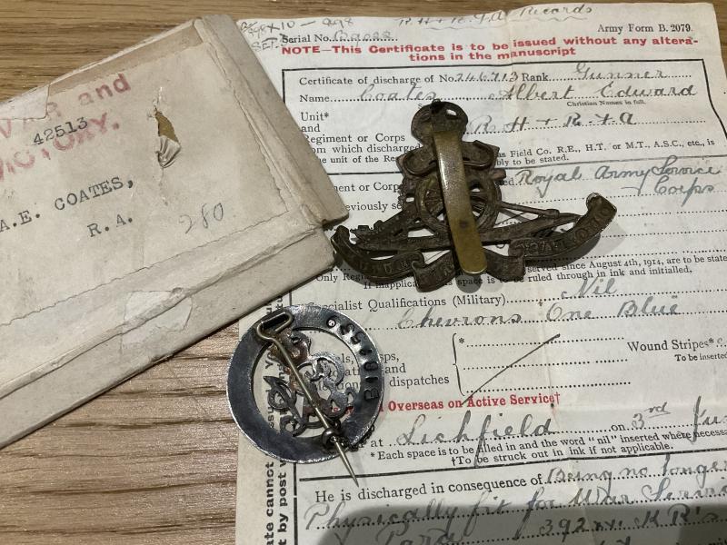 WW1 S.W.B, discharge Certificate etc ; Gunner COATES R.F.A
