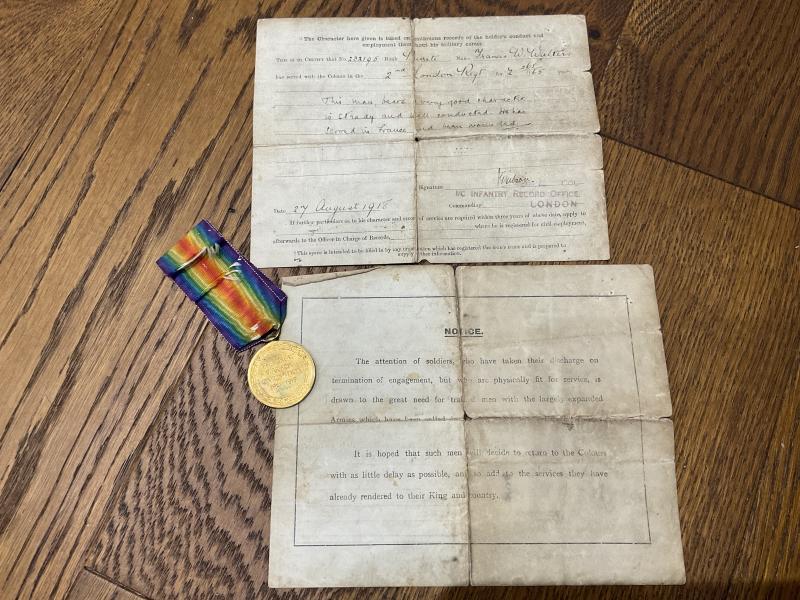 WW1 Victory medal; Pte WALTERS, 2nd LOND, wounded 3 times