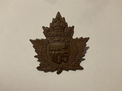 Gradia Militaria -  WW1 C.E.F 105th Infantry Battalion cap badge.