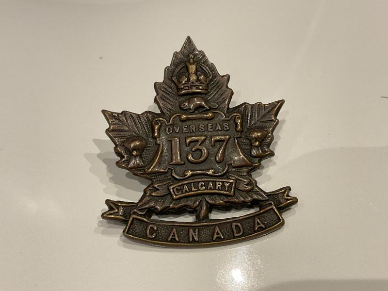 Gradia Militaria -  WW1 137th Battalion (Calgary, Alberta) Collar Badge