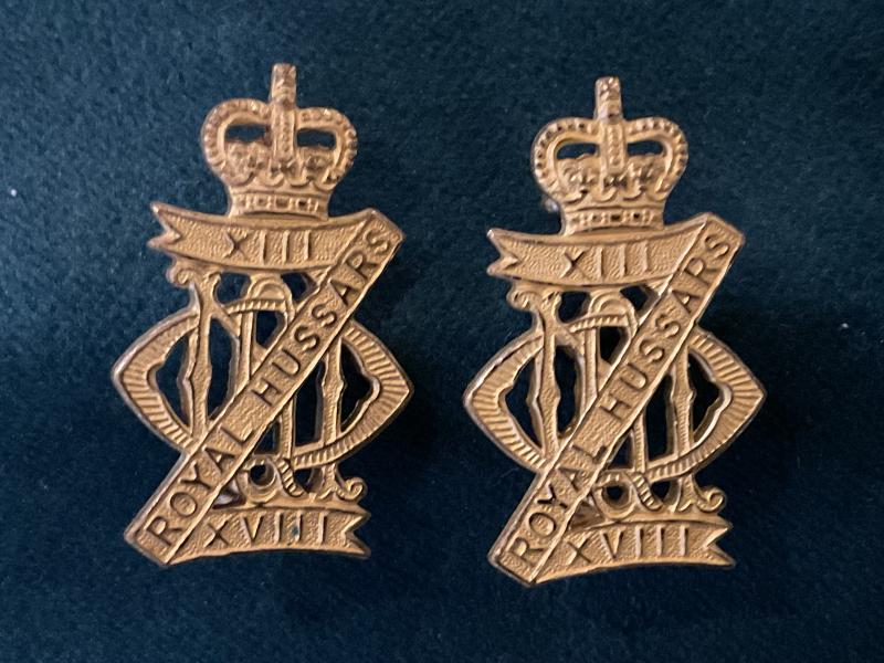 Gradia Militaria -  Officers gilt 13th/18th Royal Hussars collar badges by Gaunt