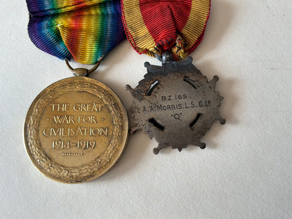 Victory & Unknown medal, B.Z 169 A.A.MORRIS L.S RNVR