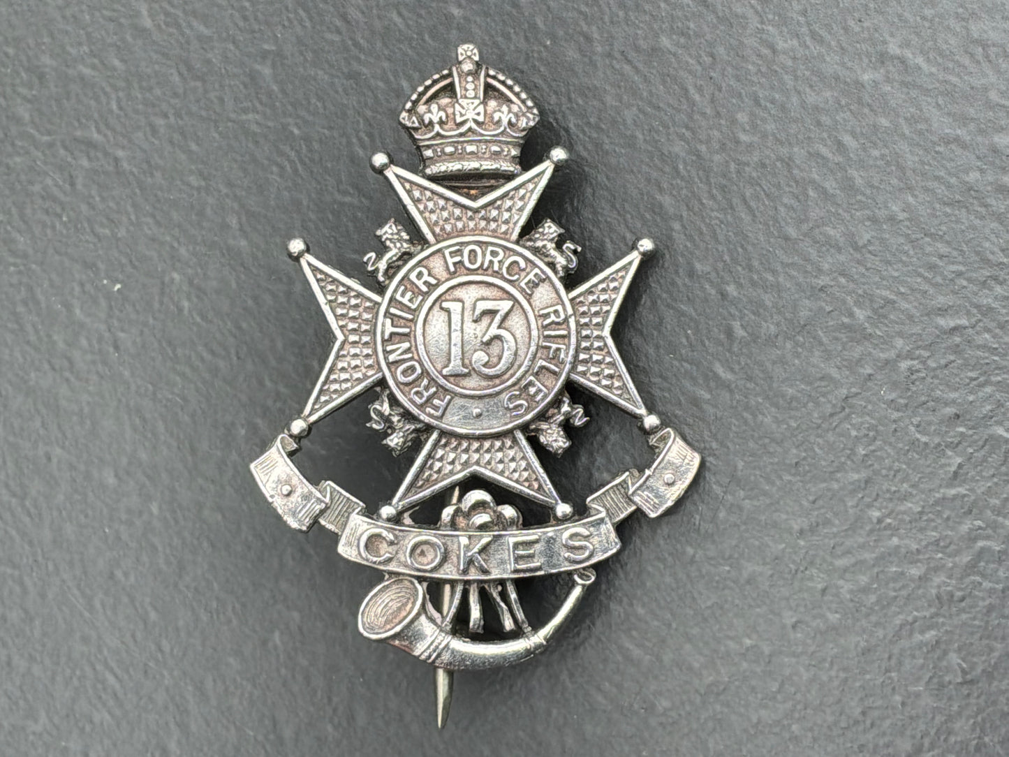 13th Frontier Force Rifles (1st Battalion) cap badge 1922-47, solid silver hallmarked 1924.