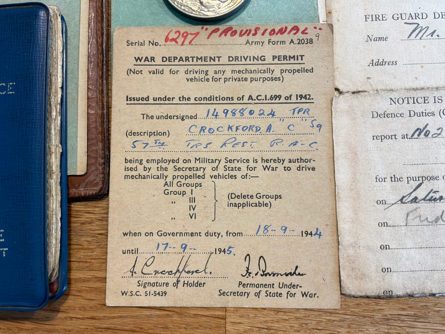 WW2 Brighton Home Defence/Wartime archive to Alan Crockford