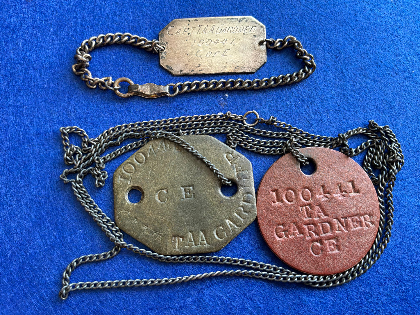 Identity disc set, Captain T.A.A GARNER 1/4th Dorset Regiment