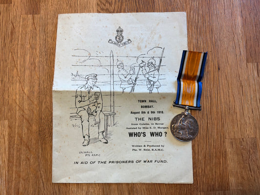 WW1 War medal & Bombay Town hall concert party program to same person.