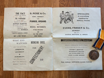 WW1 War medal & Bombay Town hall concert party program to same person.