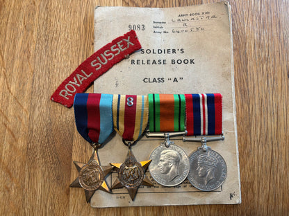 WW2 Royal Sussex Regt, P.O.W from Crete, Stalag 383 release book & medals