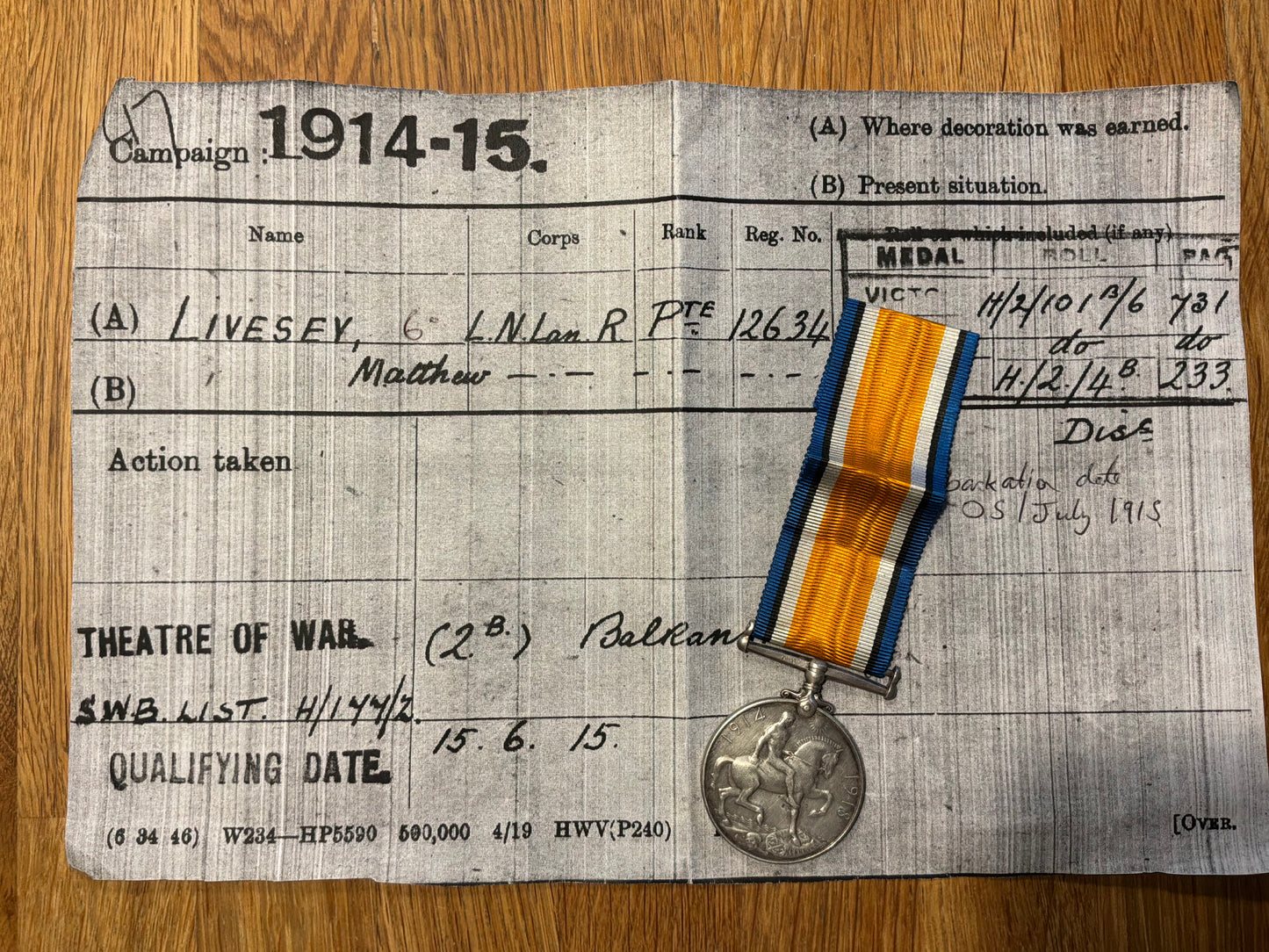 WW1 War Medal – 6th Battalion, Loyal North Lancashire Regiment (Gallipoli)