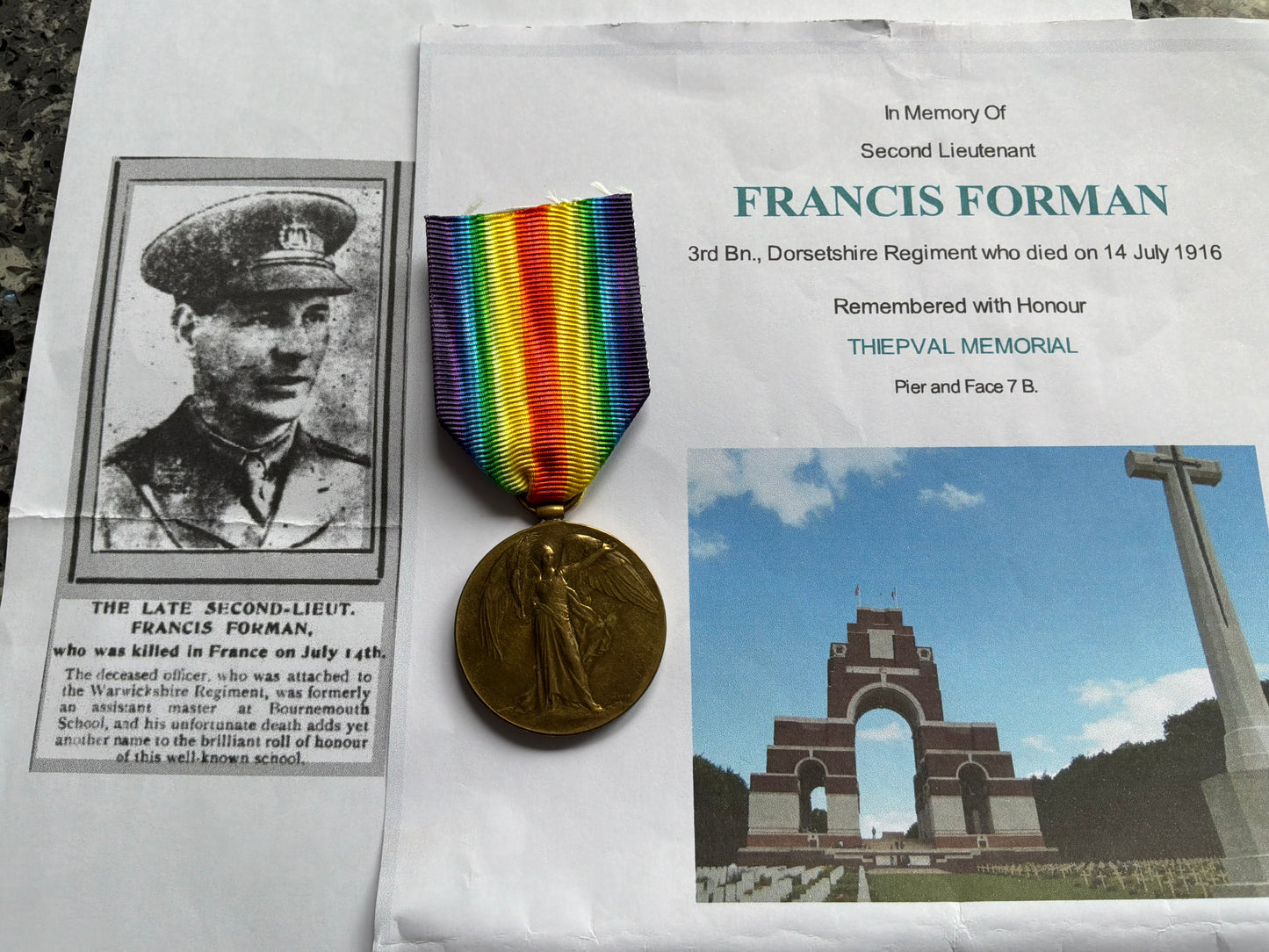 Victory medal.2nd Lt, Francis FORMAN, 3rd Battalion Dorsetshire Regt K.I.A 14/7/1916