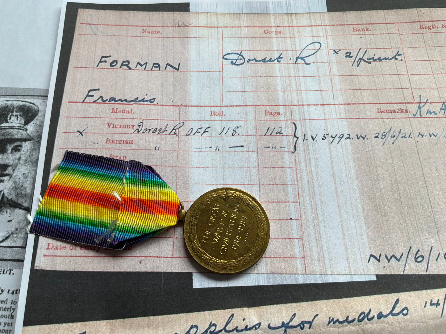 Victory medal.2nd Lt, Francis FORMAN, 3rd Battalion Dorsetshire Regt K.I.A 14/7/1916
