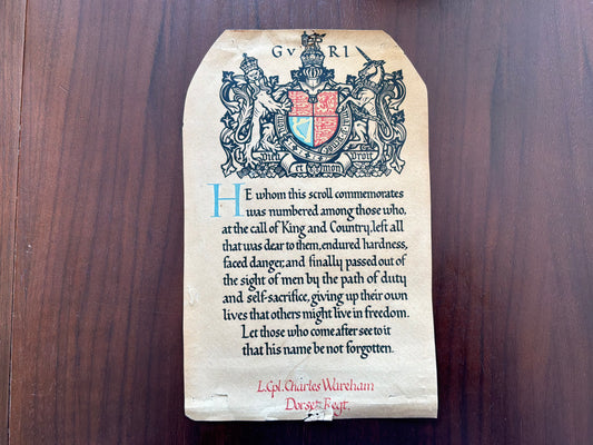 Memorial scroll L.Cpl Wareham, 1st Bn Dorset Regiment K.I.A 1/7/16.