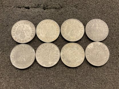 German Third Reich 10 Reichspfennig Coins (1941–1944) – WWII Zinc Coinage x8.