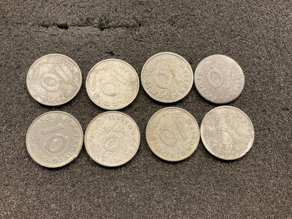 German Third Reich 10 Reichspfennig Coins (1941–1944) – WWII Zinc Coinage x8.