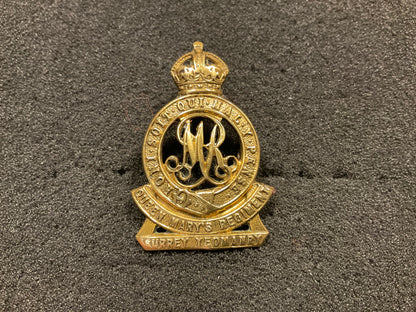 Queen Marys Regiment Surrey Yeomanry brass cap badge