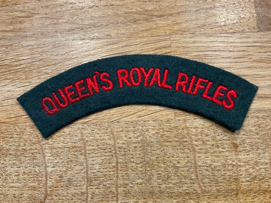 Queens Royal Rifles (1961-67) Red letters on Rifle green cloth title.