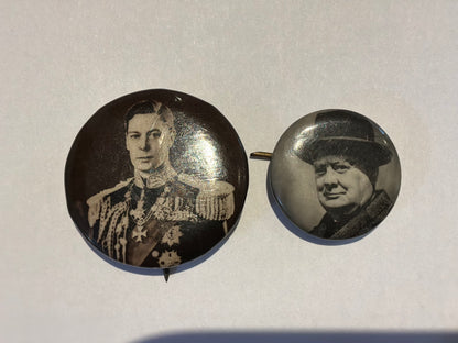 Patriotic King George VI and Winston Churchill celluloid badges.