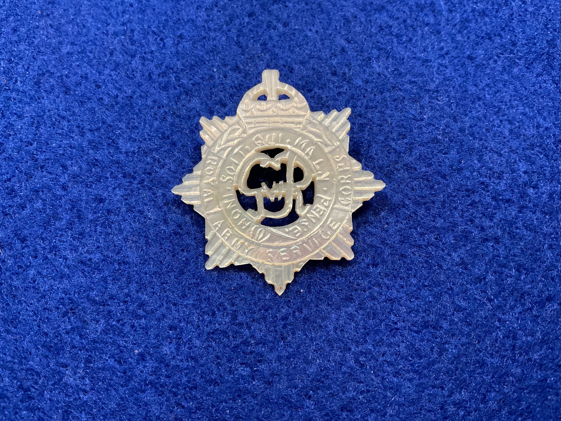 WW2 Royal Army Service Corps (RASC) carved mother of pearl sweetheart