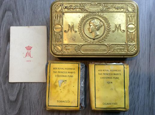 1914 Queen Mary tin with tobacco, cigarettes and Xmas card
