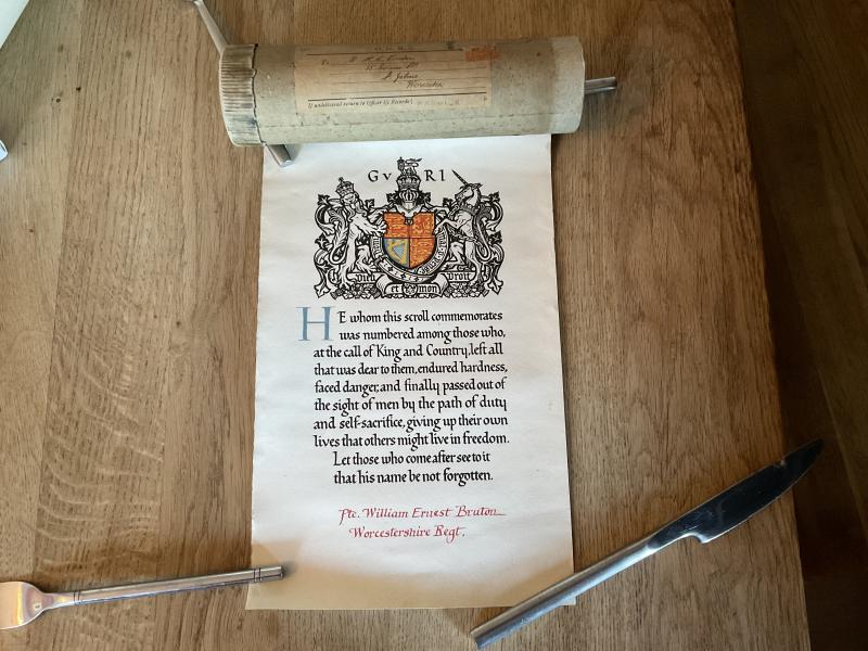WW1 Memorial Scroll, Pte W.E.BRUTON Worcestershire Regt