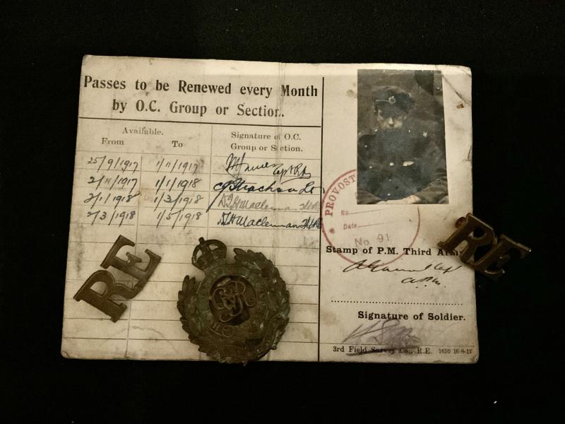 WW1 R.E 3rd Field Suvey Co pass for Somme