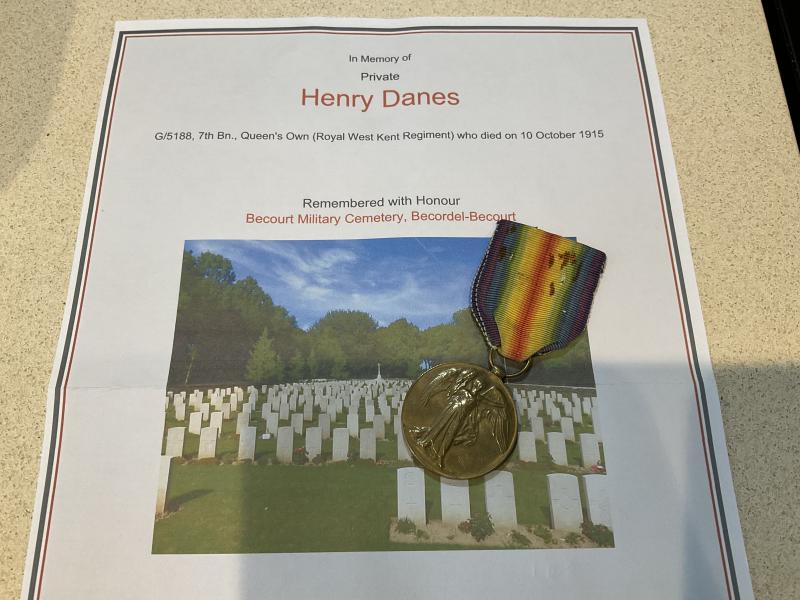 K.I.A 10/10/15 Victory medal Pte DANES 7th BN R.W.K.R