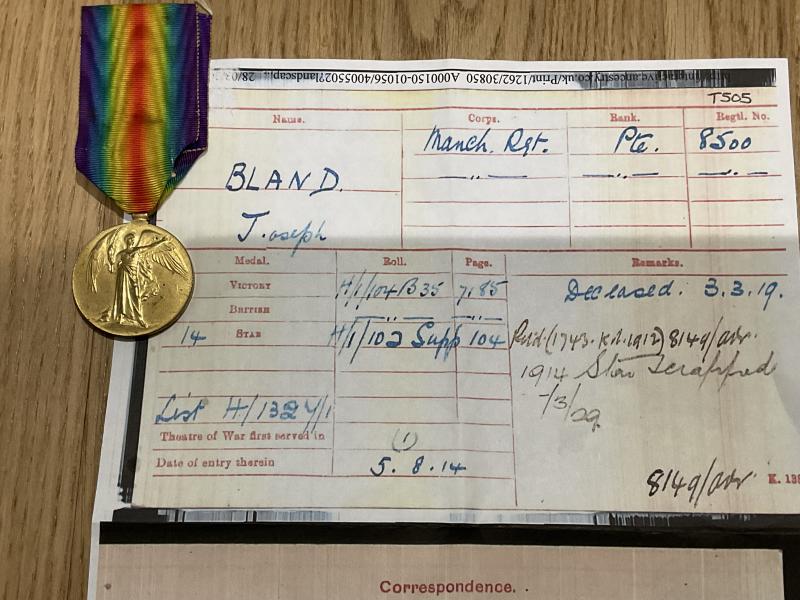 Victory medal; Pte Joseph BLAND, Manchester Regt