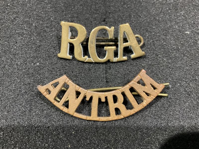 Ireland; RGA ANTRIM Militia Artillery brass shoulder titles